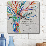 Create Your Own Inspirational/Motivational Quote Square Wall Clock<br><div class="desc">This unique Wall Clock is decorated with a colourful mosaic Tree of Life design.
Add your chosen quote to personalise it. 
Click Customise Further to edit font,  font size and font colour.
Original Mosaic © Michele Davies.</div>