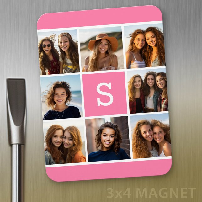 Create Your Own Instagram Collage Custom Monogram Magnet (Personalized refrigerator magnet with photo collage and custom text - add 8 photos to this design)