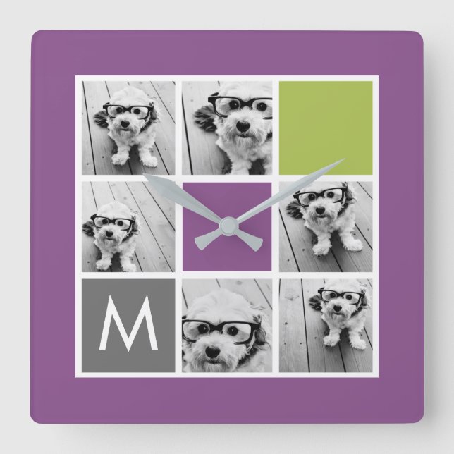 Create Your Own Instagram Collage Custom Monogram Square Wall Clock (Front)