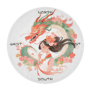 Create Your Own Jade Chinese Dragon Girl Peonies Cutting Board