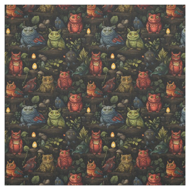 Create Your Own Kooky Wild Goblins Owls Black Fabric (Swatch)