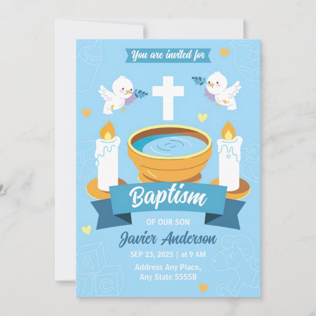 Create Your Own Light Blue Boy Baptism Christening Invitation (Front)
