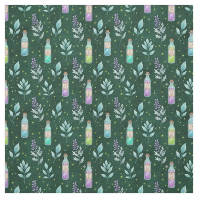 Create Your Own Magic Moon Potions Floral Green Fabric (Swatch)