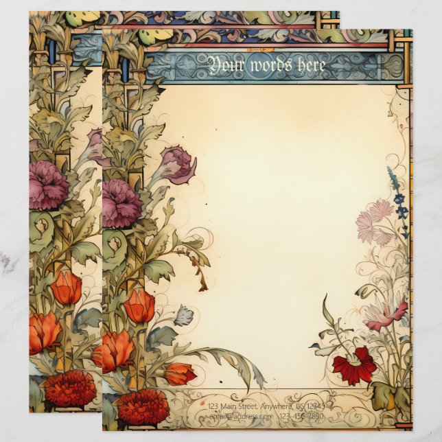 Create Your Own Mediaeval Renaissance Floral Custom Letterhead (Front/Back)