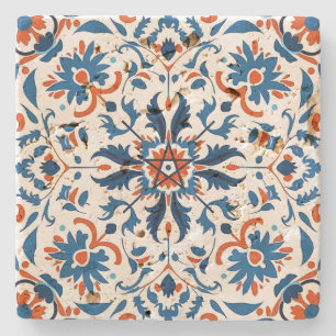 Create Your Own Mediterranean Blue Orange Floral Stone Coaster