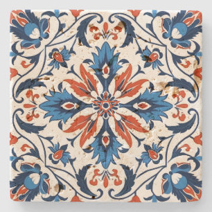 Create Your Own Mediterranean Fiery Blue Floral Stone Coaster