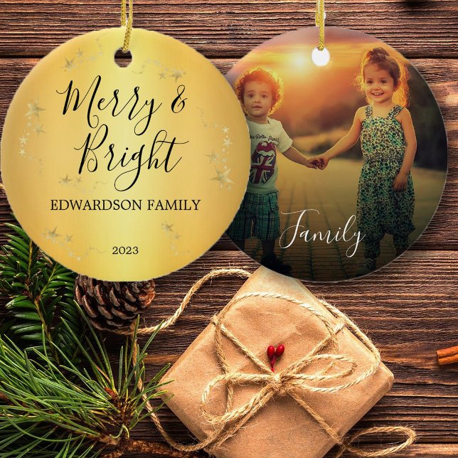 Create your own Merry & Bright family photo Ceramic Ornament (Create your own Merry & Bright unique family photo Ceramic Ornament. You can add your own photo.)