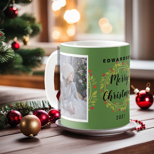 Create your own Merry Christmas family photo Coffee Mug (Merry Christmas photo mug. You can add your own photos, add your name and text to personalize.)
