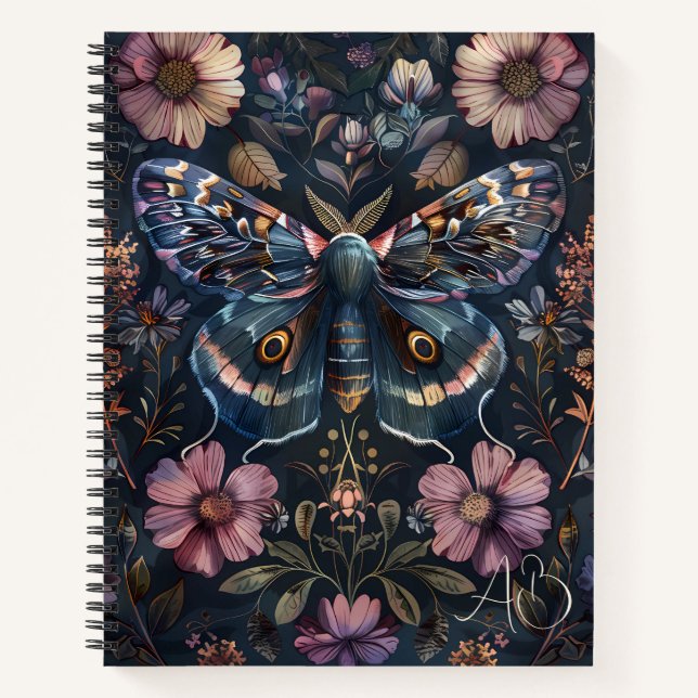 Create Your Own Midnight Blue Fantasy Moth Floral Notebook (Front)