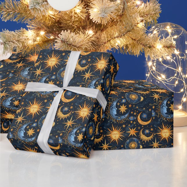 Create Your Own Midnight Blue & Gold Celestial Wrapping Paper (Holidays)
