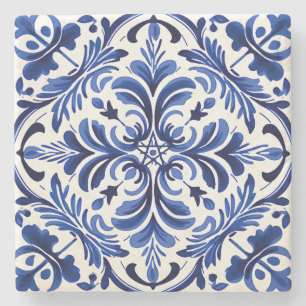 Create Your Own Midnight Blue Talavera Floral Stone Coaster