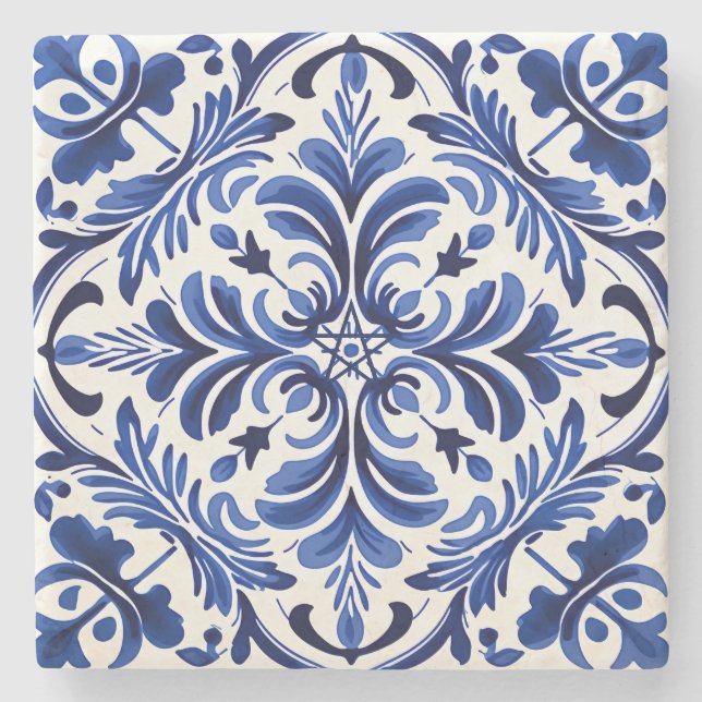 Create Your Own Midnight Blue Talavera Floral Stone Coaster (Front)