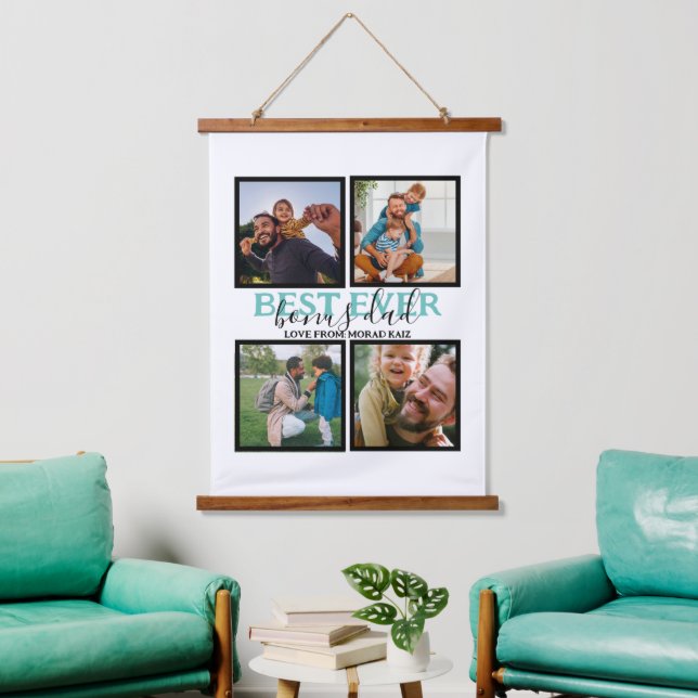 Create your own Modern Bonus Dad 4 Photo Collage Hanging Tapestry (Living Room)