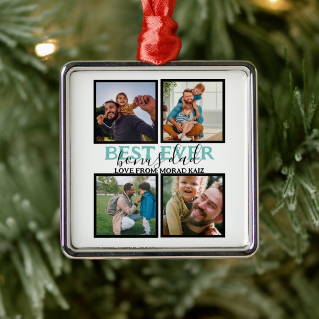 Create your own Modern Bonus Dad 4 Photo Collage Metal Ornament (Tree)