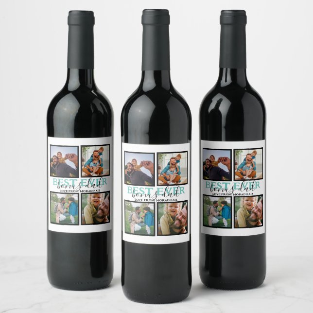 Create your own Modern Bonus Dad 4 Photo Collage  Wine Label (Bottles)
