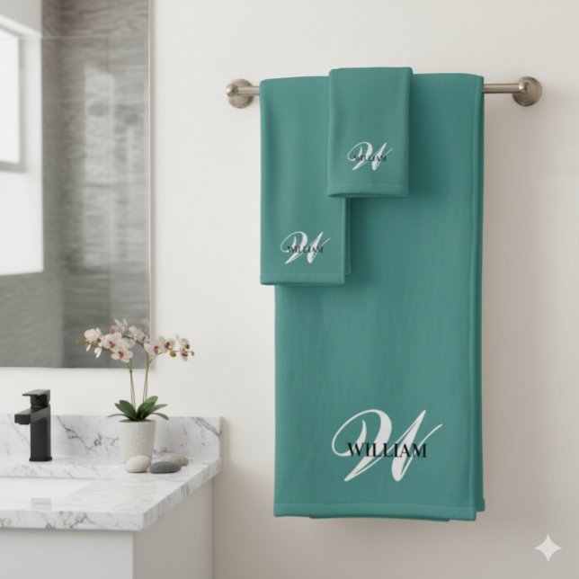 Create Your Own Monogram Colour Match Teal  Bath Towel Set (Creator Uploaded)