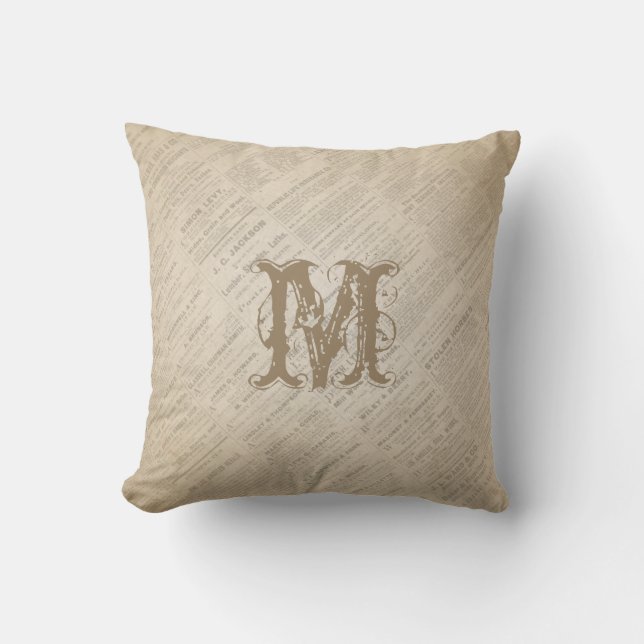 Create Your Own Monogram Vintage Newspaper Pillow (Front)