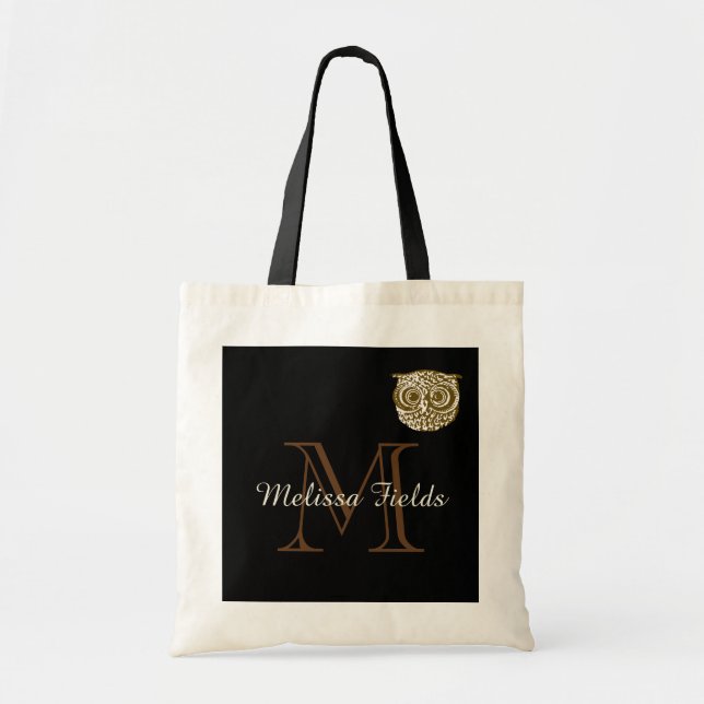 create your own monogrammed owl black tote bag (Front)