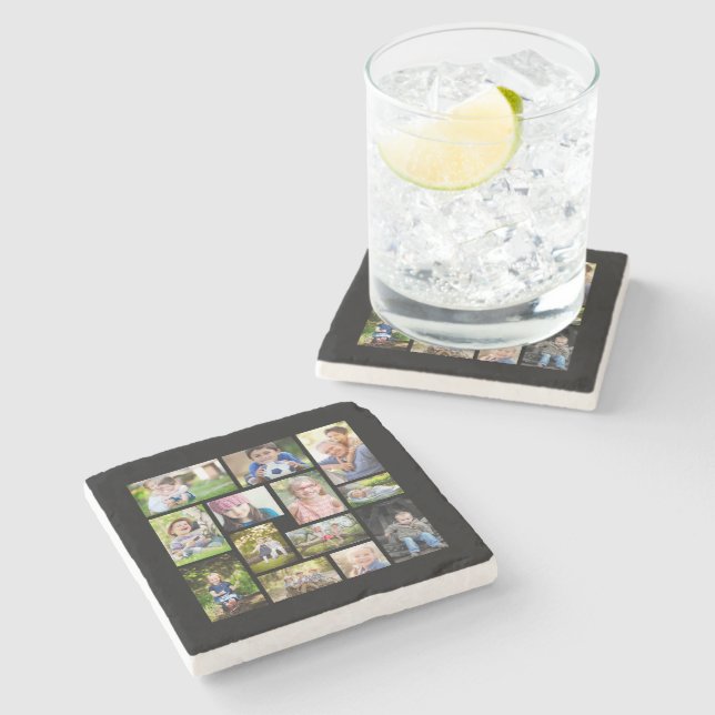 Create Your Own Multi Photo Collage Black White Stone Coaster (Side)