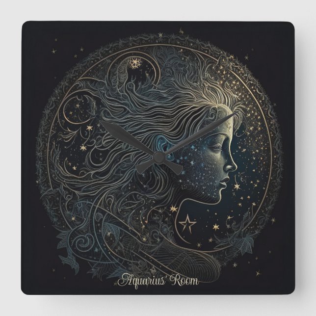 Create Your Own Mystical Aquarius Zodiac Square Wall Clock (Front)