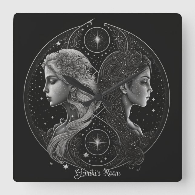 Create Your Own Mystical Astrology Gemini Zodiac Square Wall Clock (Front)