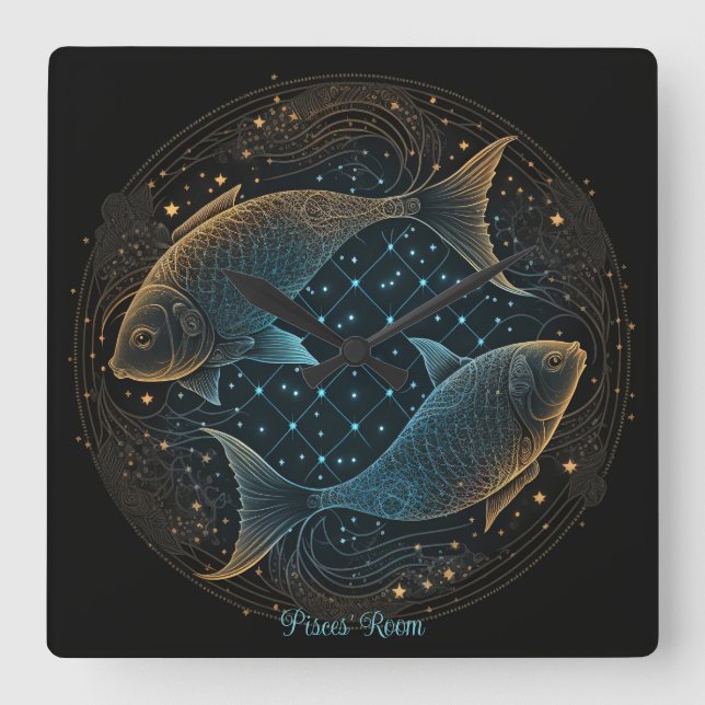 Create Your Own Mystical Astrology Pisces Zodiac Square Wall Clock (Front)