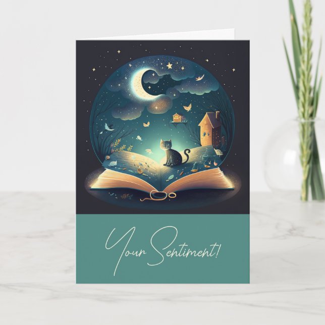 Create Your Own Mystical Black Cat & Grimoire Holiday Card (Front)