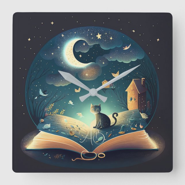 Create Your Own Mystical Black Cat & Grimoire Square Wall Clock (Front)
