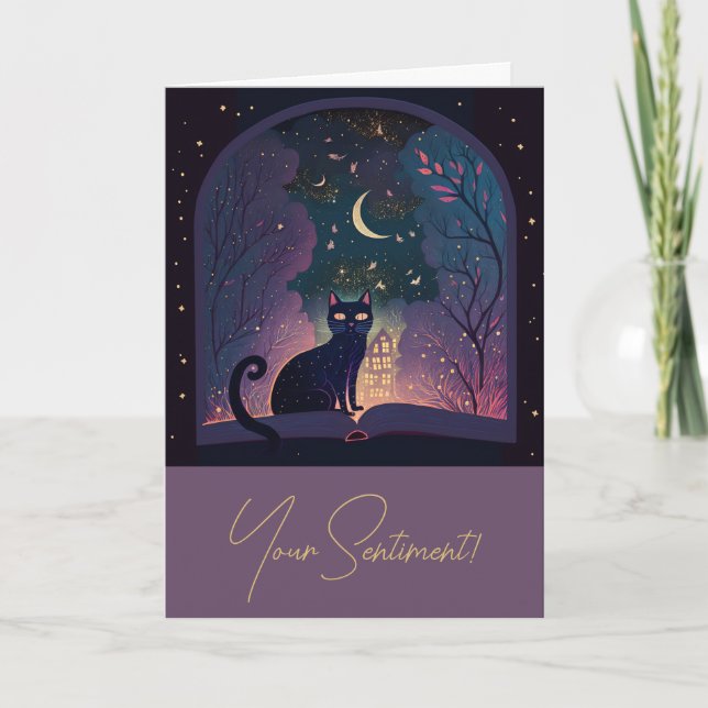 Create Your Own Mystical Black Cat Magic Window Holiday Card (Front)