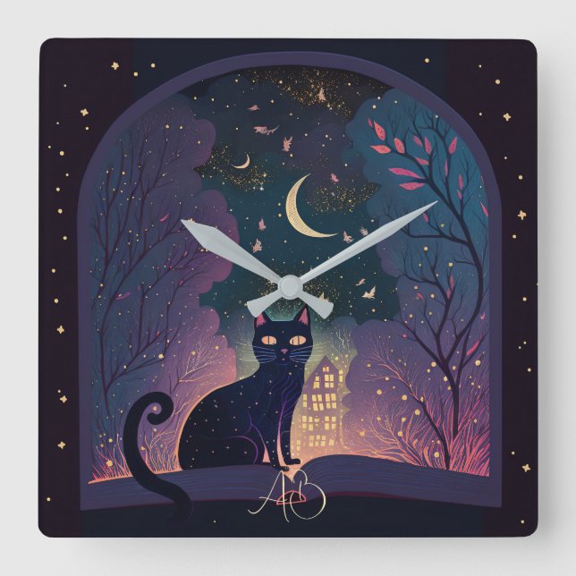Create Your Own Mystical Black Cat Magic Window Square Wall Clock (Front)
