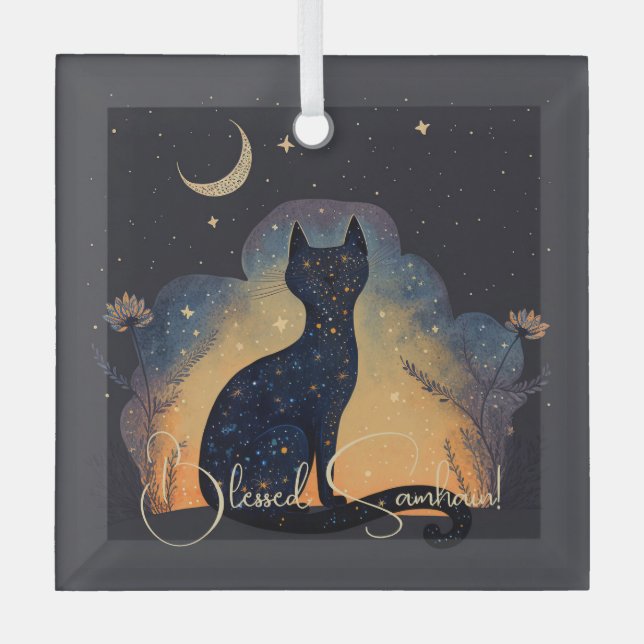 Create Your Own Mystical Black Cat Silhouette Glass Tree Decoration (Front)