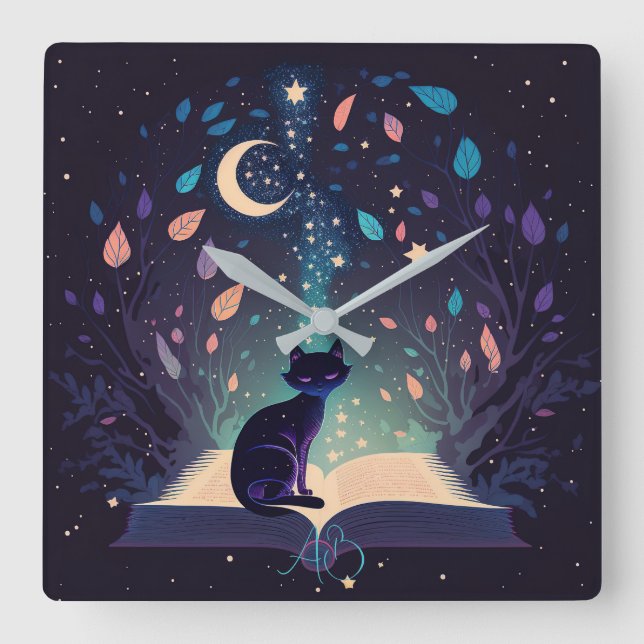 Create Your Own Mystical Black Cat Square Wall Clock (Front)