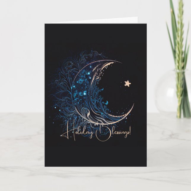 Create Your Own Mystical Blue & Gold Moon Holiday Card (Front)