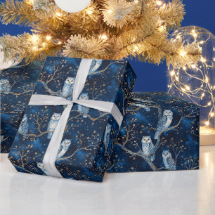 Create Your Own Mystical Blue Gold Snow Owls Wrapping Paper