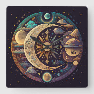 Create Your Own Mystical Crescent Moon & Planets Square Wall Clock
