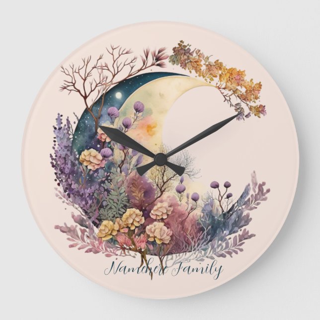 Create Your Own Mystical Floral Crescent Moon Large Clock (Front)