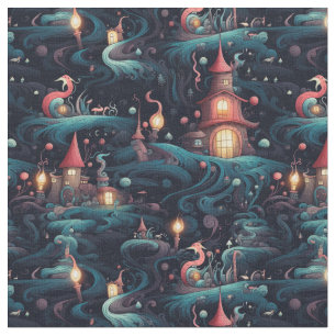 Create Your Own Mystical Forest Village Coral Blue Fabric