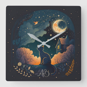 Create Your Own Mystical Midnight Black Cat Square Wall Clock