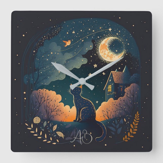 Create Your Own Mystical Midnight Black Cat Square Wall Clock (Front)