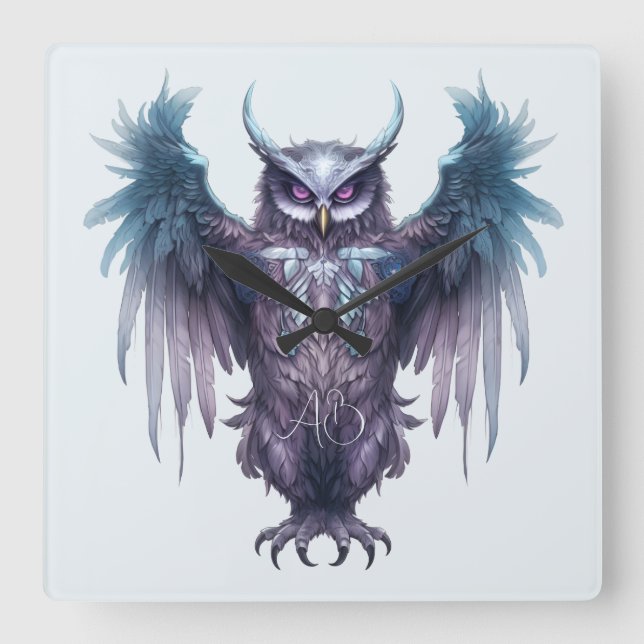 Create Your Own Mystical Purple Owl Square Wall Clock (Front)
