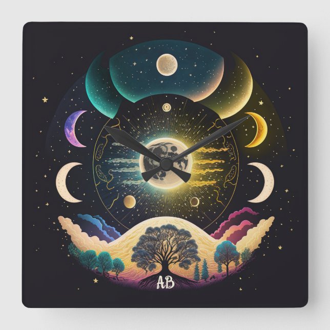 Create Your Own Mystical Sonic Moon Waves Square Wall Clock (Front)