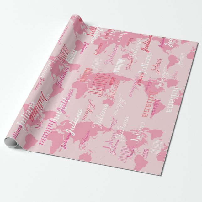 create your own name pattern . pink world maps wrapping paper (Unrolled)