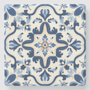 Create Your Own Navy Blue Yellow Talavera Style Stone Coaster