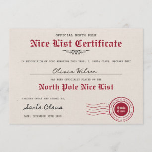 Create your own Nice List Certificate form Santa Invitation