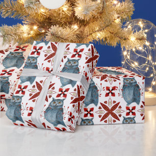 Create Your Own Nordic Blue Owl & Snowflakes Wrapping Paper