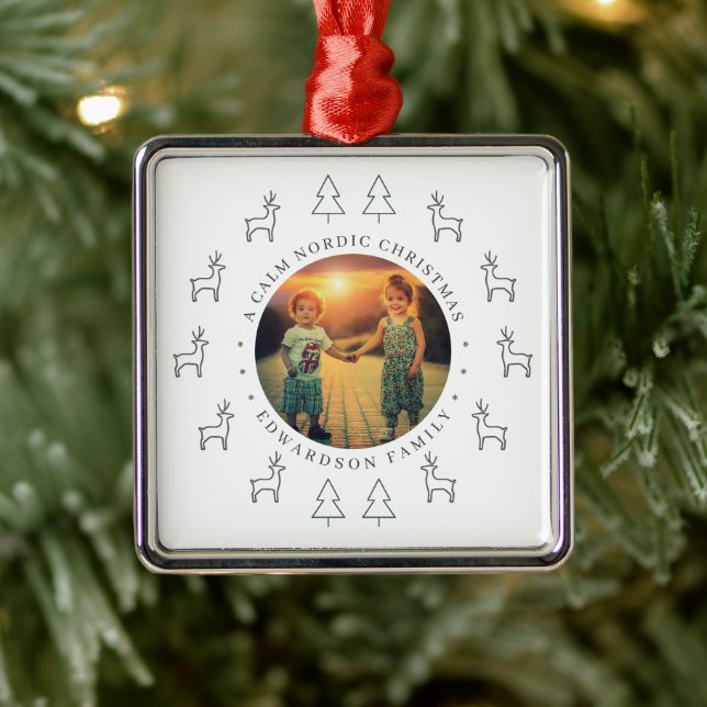 Create your own nordic family photo christmas metal ornament (Tree)