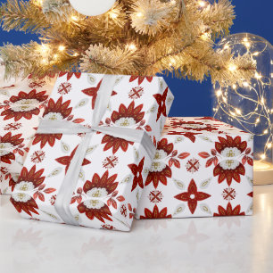 Create Your Own Nordic Red & Gold Folk Art Flowers Wrapping Paper