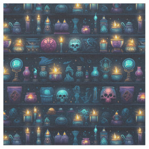 Create Your Own Occult Candles & Skulls Blue Fabric
