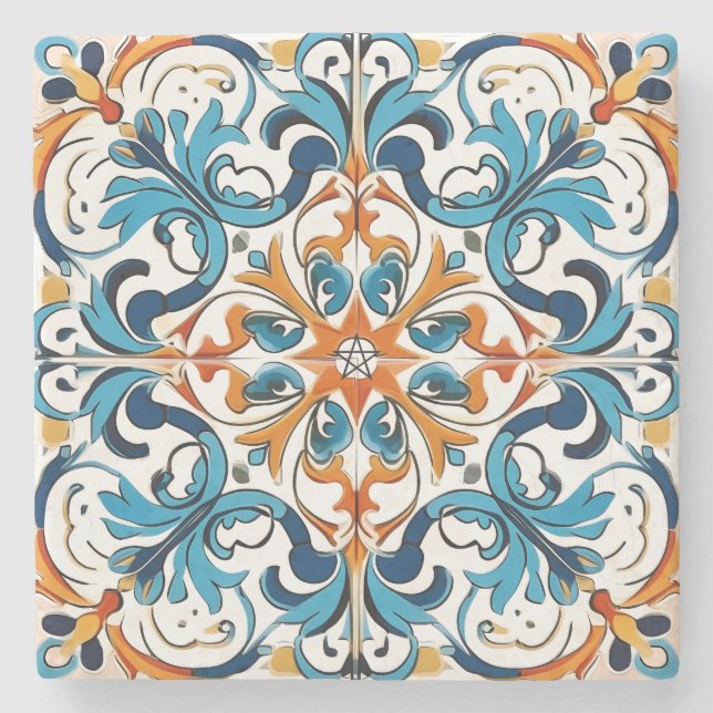 Create Your Own Ornamental Turquoise Orange Blue Stone Coaster (Front)