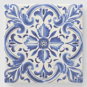 Create Your Own Painted Blue Talavera Floral Stone Coaster